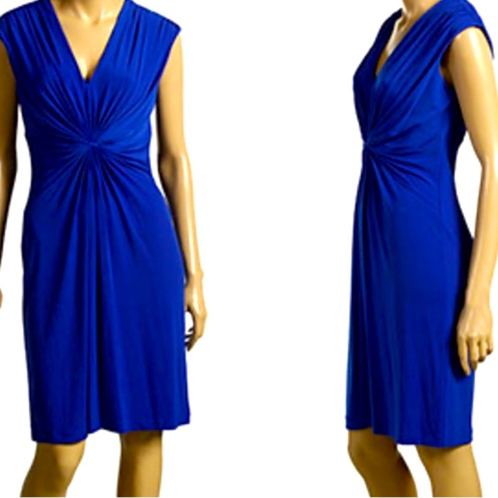 Calvin Klein V-Neck Sheath Dress 10 Blue Knotted Fitted Body-con Career Classic